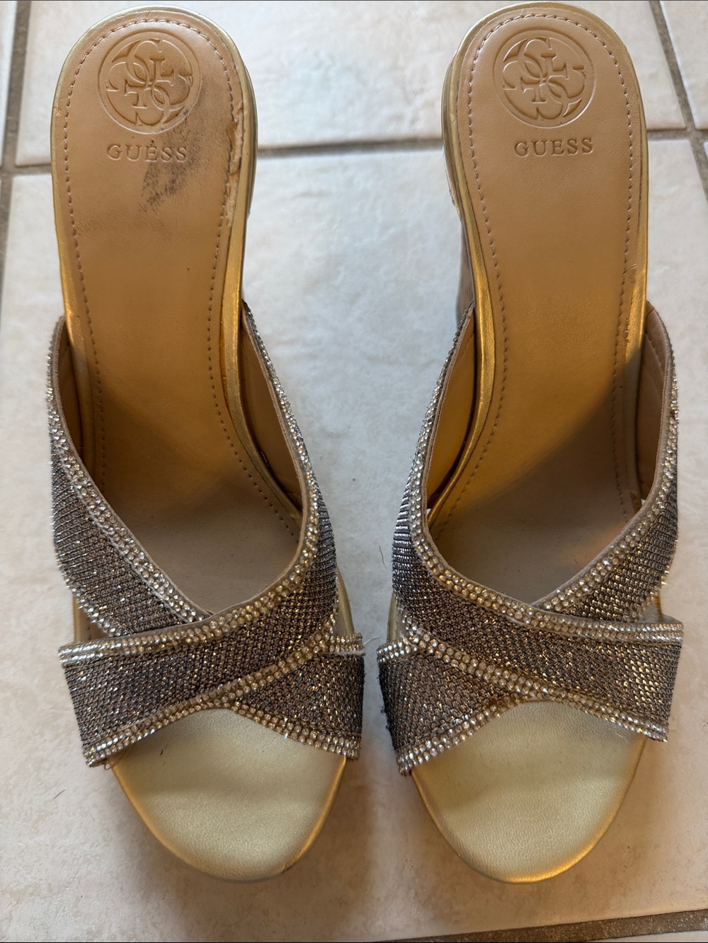 Guess Gold Crystal-Embellished Platform Slide Sandals